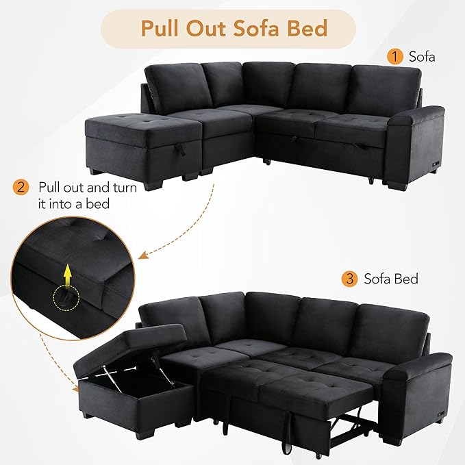 Ball & Cast Sleeper Sofa Bed L Shaped Couch with Storage Otooman and Cup Holder,L-Shaped Sectional Couch w/Hidden Arm Storage & USB Charge,4-Seater Sectional Sofa for Living Room,Apartment,Black