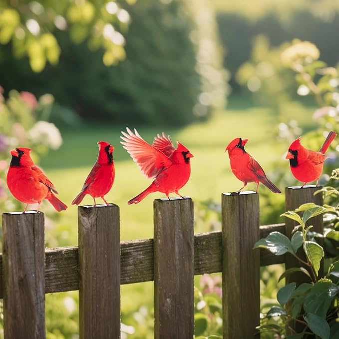 HUYIENO 5PCS Vivid Metal Birds Fence Decor Color Painted Outdoor Garden Natural Bird 2D Sculptures for Outdoor Fences, Patio, Garden and Bird Lovers (Cardinal)