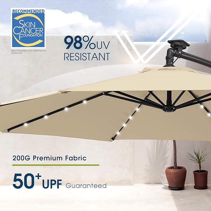 wikiwiki 10ft Solar LED Patio Umbrella with Base Included, Offset Umbrella with Weighted Sandbag Base, Cantilever Patio Umbrellas for Backyard, Garden & Deck, 32 LED Lights & Polyester Shade, Beige