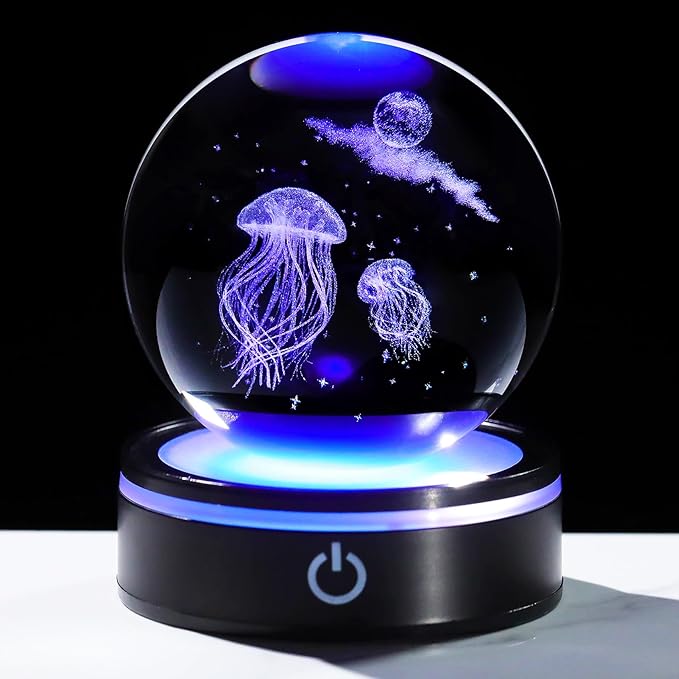 YWHL 3D Crystal Ball Moon Jellyfish Figurine with Colorful LED Base Laser Jellyfish Gifts for Women Men on Christmas Birthday Glass Jellyfish Statue Decorative Ball Night Light for Home Decor (80mm)