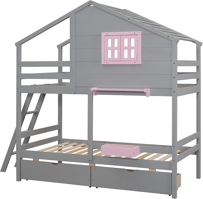 Ball & Cast Twin Over Twin Size Bunk Bed with 2 Drawers and 1 Storage Box,Playhouse Wood Bunkbed w/Window & 1 Shelf,Slat Support,Space Saving,Bedroom Furniture for Student Dorms,Gray