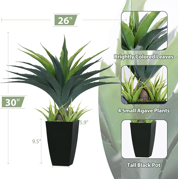 Artificial Spiked Agave Plant 2.5ft, 30 Inch Tall Fake Aloe Vera Plants in Black Pot, Fake Floor Plant Indoor Outdoor for Front Porch Patio Home Office Door Step Decor 1PCS