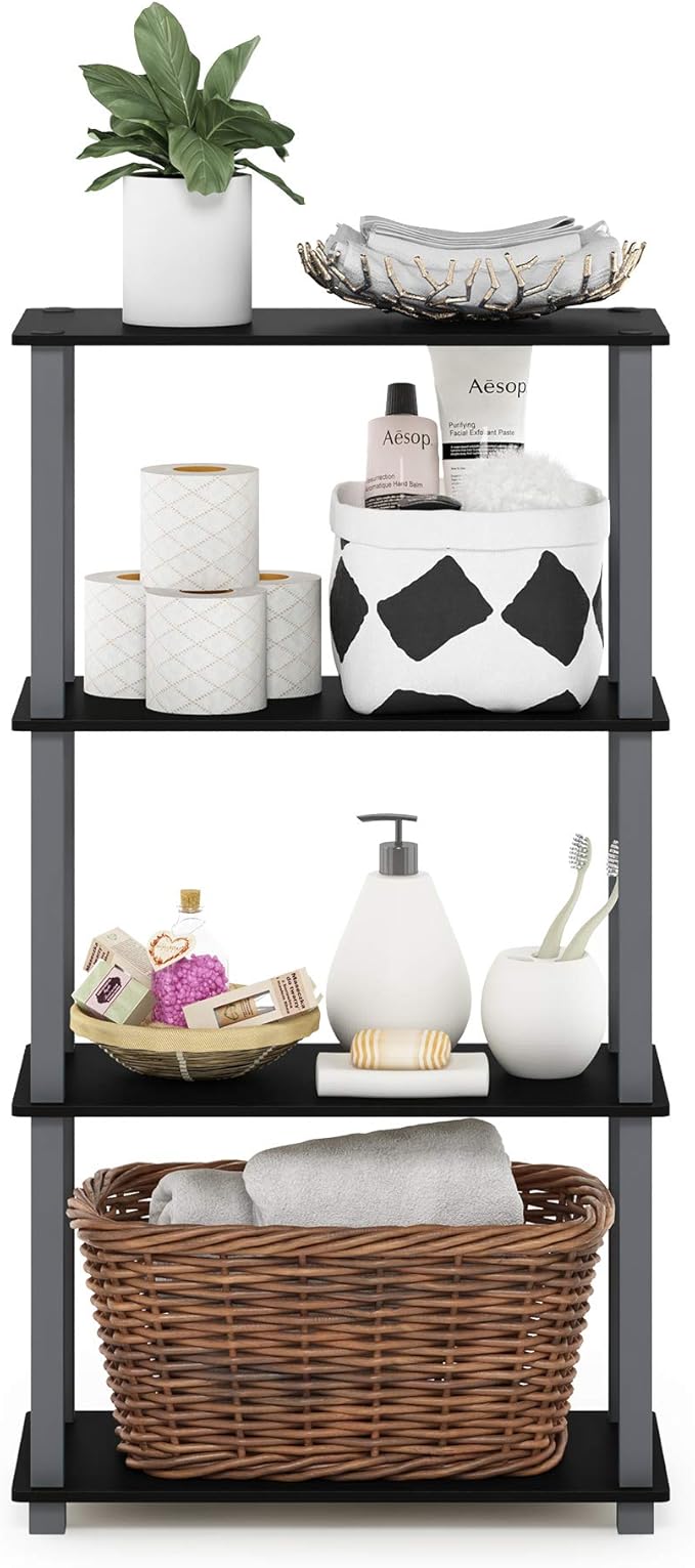 Furinno Turn-N-Tube 4-Tier Multipurpose Shelf Display Rack, Square Tube, Black/Grey