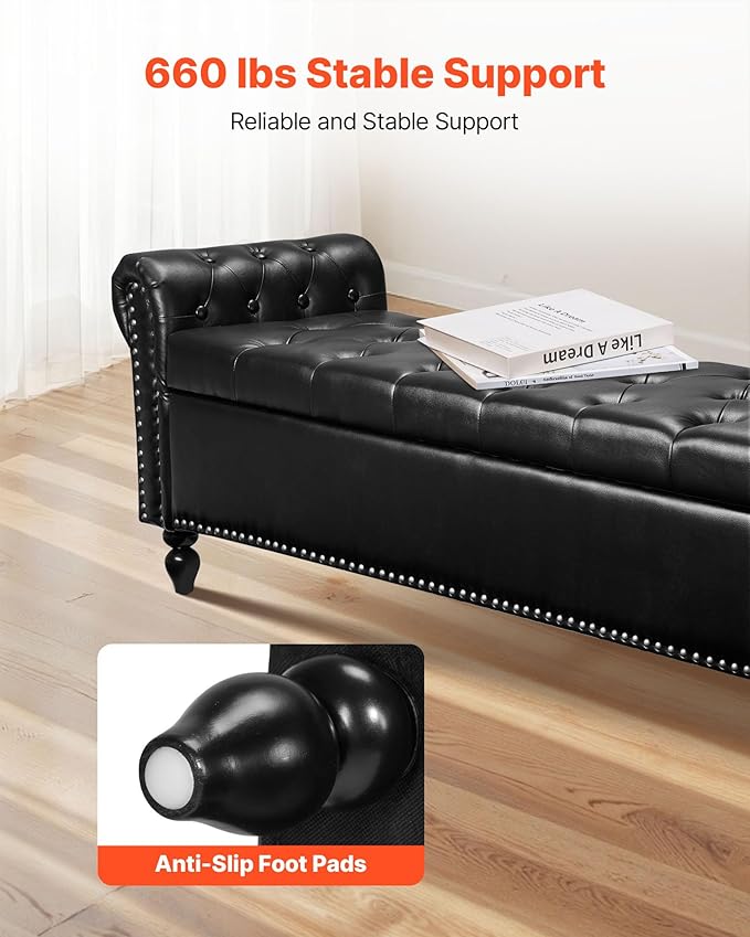 VEVOR Button-Tufted Storage Ottoman Bench, Rolled Arm PU Leather Bench with Solid Wood Legs, Modern Shoe Benches Seat for Entryway, Upholstered End of Bed Benches for Living Room, Dining Room, Black