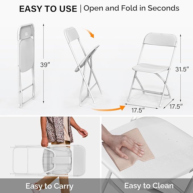 VINGLI 8 Pack White Plastic Folding Chair, Indoor Outdoor Portable Stackable Commercial Seat with Steel Frame 350lb. Capacity for Events Office Wedding Party Picnic Kitchen Dining