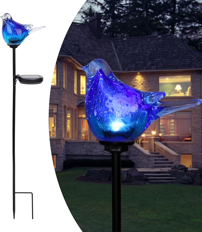 Afirst Solar Bluebird Garden Stake Lights - Hand Blown Glass Decorative Garden Pathway Lights Outdoor Waterproof Bird Glass Stakes