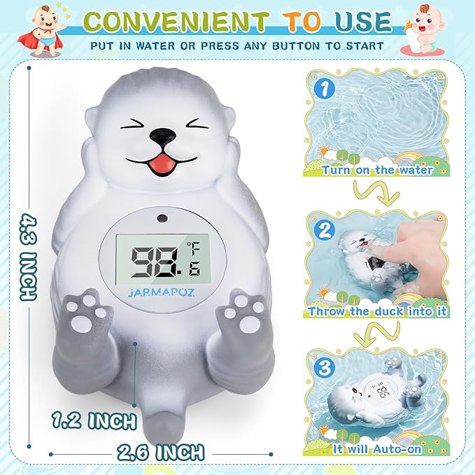 Baby Bath Thermometer, Cute Otter Floating Water Thermometer for Newborns & Infants, Safe and Accurate Room and Bathtub Temperature Monitor, Grey