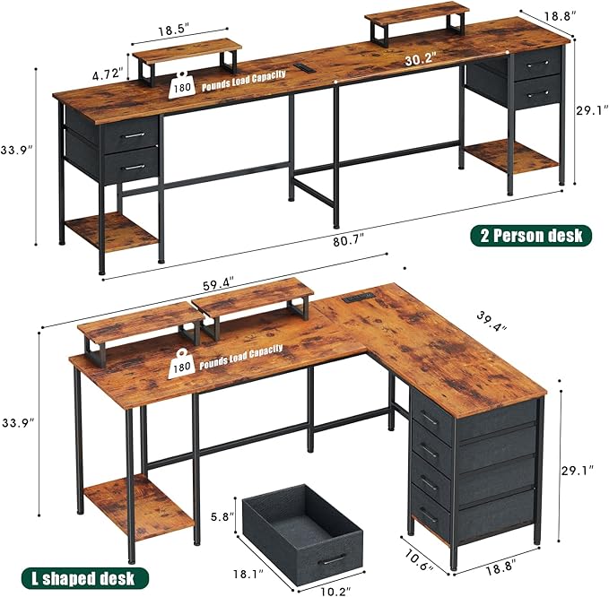 59 inch L Shaped Computer Desk with Power Outlets, Home Office Desk with 4 Adjustable Storage Drawers & 2 Monitor Stands, Two Person Gaming Table for Bedroom, Rustic Brown