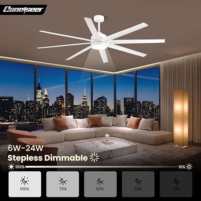 Modern Ceiling Fans with Lights, 72 Inch Ceiling Fan with Remote for Bedroom Living Room Kitchen Library Cafe Outdoor/Industrial Use,24W 3CCT 8 Blades 6 Speed Reversible Quiet DC Motor, White