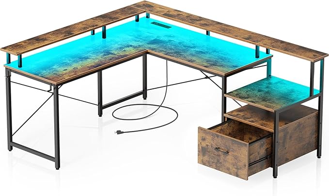 Rolanstar L Shaped Gaming Desk with Drawers, 64" Reversible Computer Desk with Power Outlet & LED Strip, Corner Desk with File Cabinet & Monitor Stand, Home Office Desk, Rustic Brown