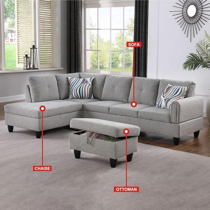 Grey-2 L-Shaped 3-Piece Linen Sofa with Storage Ottoman Set, Sectional Couch Sofa Set for Living Room, Office, Small Space
