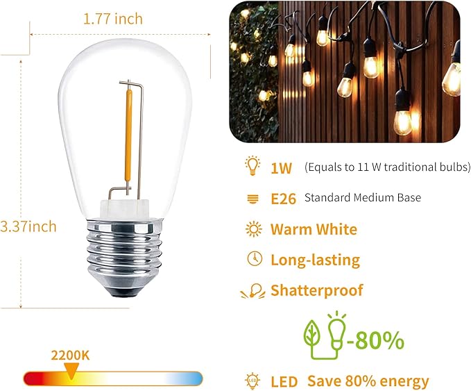 30 Pack S14 Edison Light Bulbs, Shatterproof LED Replacement Bulbs for String Lights, Patio Low Wattage LED Filament Clear Bulb, E26 Medium Base, Warm White 2200K, Non-Dimmable