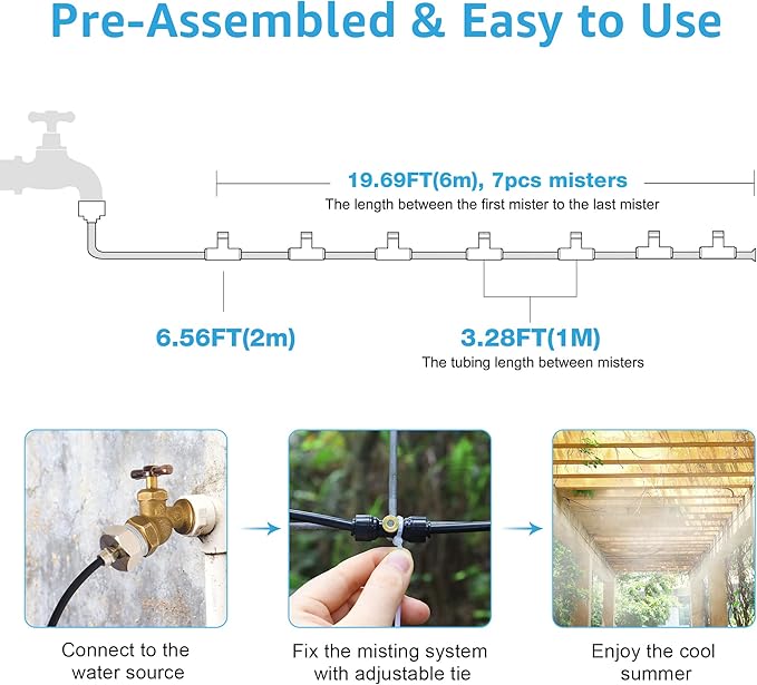 Bonviee Misters for Outside Patio, 26FT (8M) Patio Misting System, Outdoor Misters for Patio Cooling, 7 Brass Mist Nozzles, 3/4" Adapter, DIY Water Misters for Cooling Outdoor Garden Greenhouse