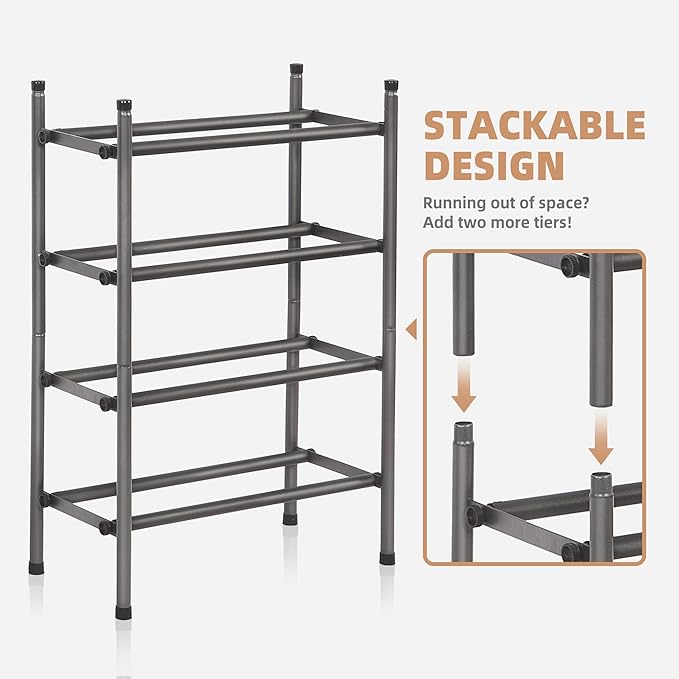 STORAGE MANIAC Expandable Shoe Rack, 8 Pairs Stackable Small Shoe Rack, Metal Adjustable Shoes Organizer for Closet, Entryway, Hallway, Garage, Front Door, Shoes Shelves, Black 2 Tier