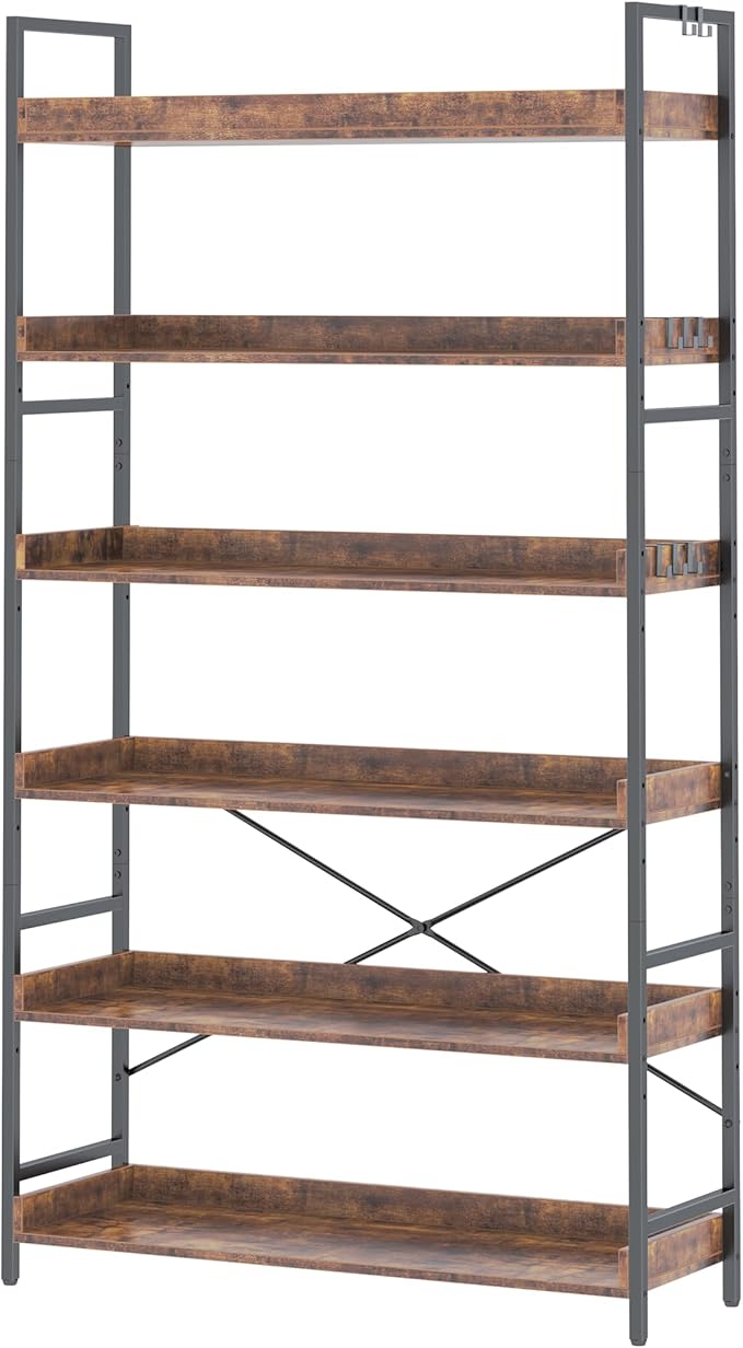 HCHQHS Bookshelf, Adjustable Industrial Bookcase, Vertical Tall Book Shelf, Wood and Black Metal Open Bookshelves for Home Office, Living Room, Bedroom (Rustic Brown, 6-Tier (31" W x 70" H))