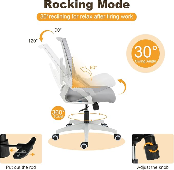 Ergonomic Office Chair Desk Chair with Adjustable Height Mesh Computer Chair Swivel Chair with Flip-up Arms and Lumbar Support Grey