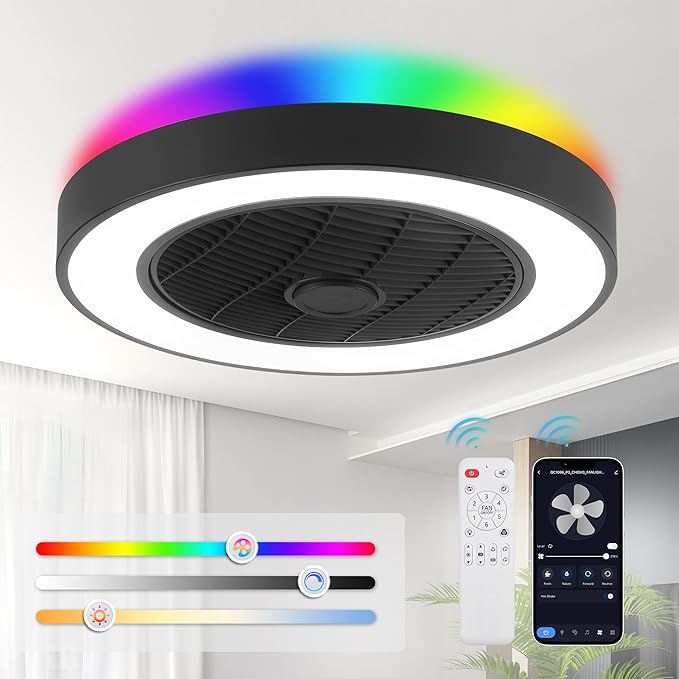 LEDIARY 20 Inch Low Profile Ceiling Fans With Lights, Led Bladeless Ceiling Fan, Remote Control Enclosed Flush Mount Ceiling Fan With Timming, 3000-6000K, 6 Wind Speed, 3000LM, 57W-Black RGB