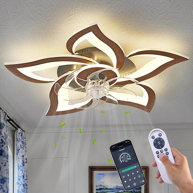 Flower Modern Ceiling Fans with Lights, Low Profile Ceiling Fan with Remote for bedroom, Flush Mount Ceiling Fan with LED Dimmable Light,3-Colors, 6-Speeds, Timing CeilingFans Light, Walnutcolor
