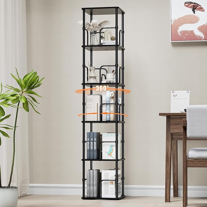 5 Tier Square Rotating Bookshelf, 360 ° Display Stackable Spinning Bookshelf Tower, Space Saving Tall Floor Standing Swivel Bookcase Corner Storage Organizer for Living Room, Black, Small Size