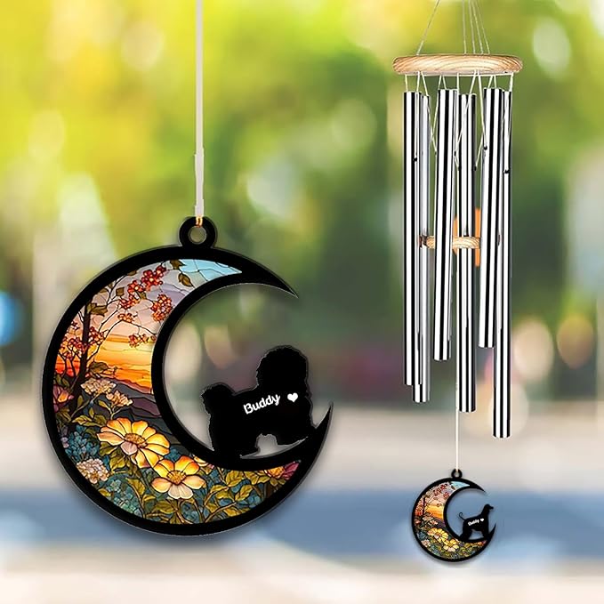 Coton de Tulear Sun Catcher Wind Chime, Custom Sunflower Suncatcher Dog Memorial Wind Chime, Dog Loss Gift, Dog Sympathy Gift, Pet Loss Suncatcher, Outdoor Garden Decor
