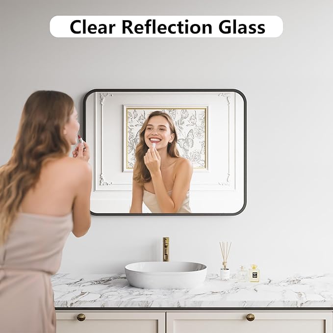 Bathroom Mirror, 28X32 Inch Black Metal Framed Mirror for Bathroom, Tempered Glass, Anti-Rust, Rounded Rectangle Mirror for Restroom, Bedroom, Black