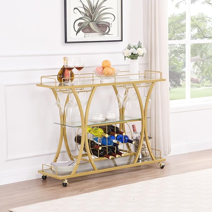 Gold Bar Carts with Glass Holders & Wine Rack,3 Tier Home Bar Serving Carts with Glass Shelves,Metal Rolling Bar Carts for The Home Kitchen, Party