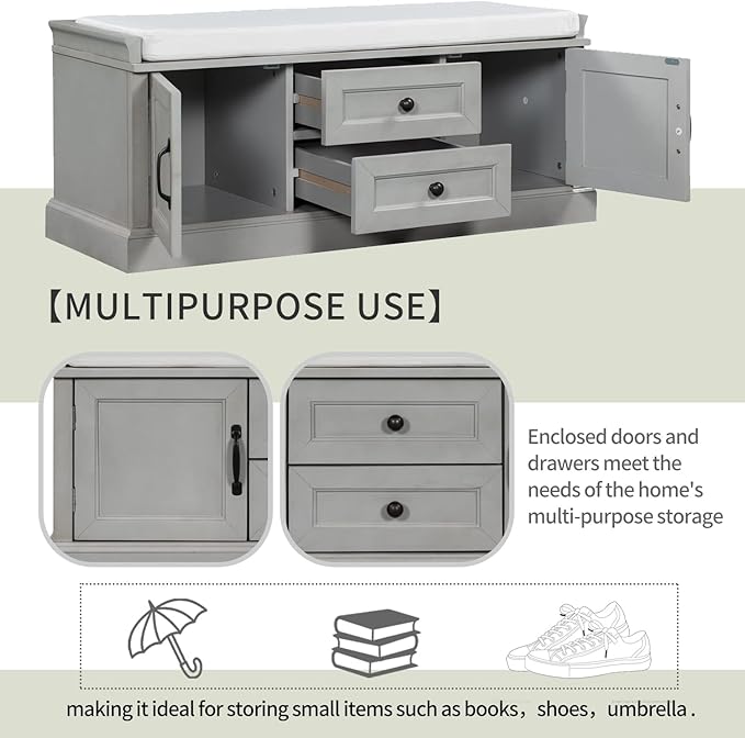 Entryway Storage Bench with Drawers & Cabinets — Cushioned Shoe Storage Bench for Hallway, Mudroom, or Living Room, Solid Wood Frame (Gray Wash)