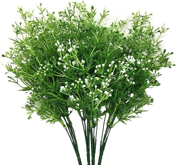 CATTREE Artificial Plants, Faux Plastic Pearl Flowers Shrubs Fake Grass Leaves Simulation Greenery Bushes Indoor Outside Home Garden Office Yard Verandah Wedding Decor - 4 Bundles
