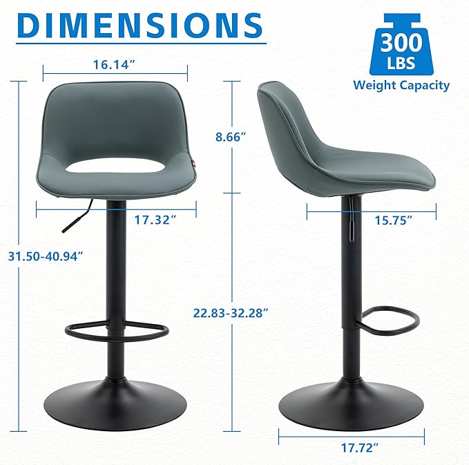 YOUNIKE Bar Stools Set of 2 Modern Swivel Barstools, Adjustable Counter Height Bar Stools Faux Leather Upholstered Counter Stools with Hollow Back for Kitchen Island, Greyish Green