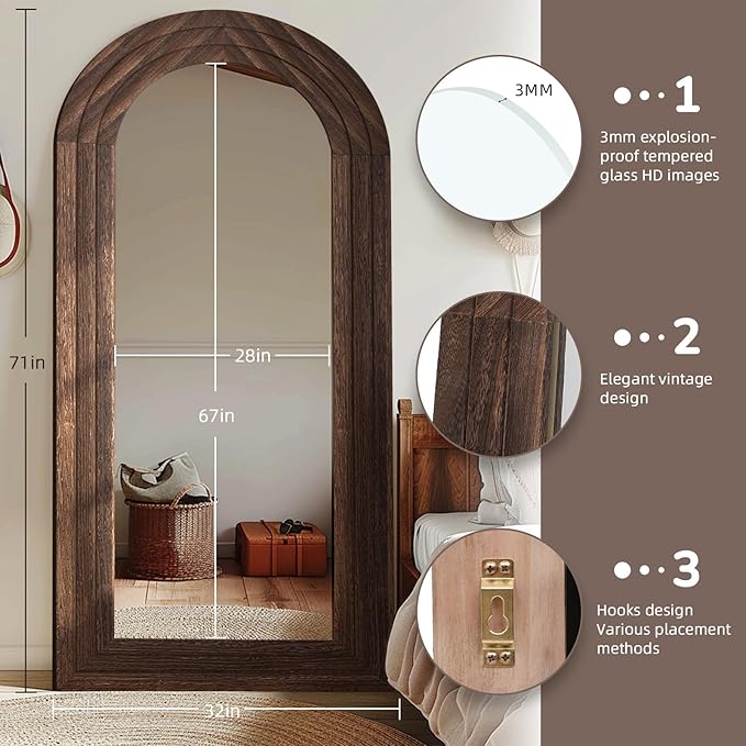 Arched Full Length Mirror with Solid Wood Frame, 71x32 Farmhouse Wall Mounted Floor Mirror with Stand, Vertical Hanging, Leaning Standing for Bedroom, Living Room, Brown
