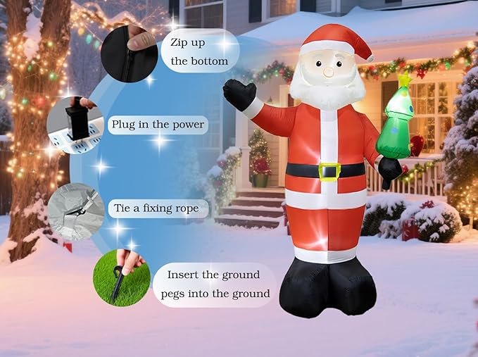 8FT Inflatable Santa Claus Outdoor Christmas Decoration - Blow Up Santa Claus with Built-in LED Lights for Garden Lawn
