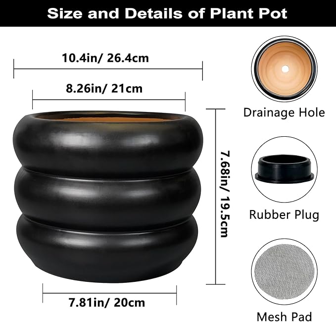 SQOWL 10 Inch Pot for Plants - Ceramic Planter for Indoor Plants Large Plant Pot with Drainage Hole Outdoor Flower Pot Decorative Round Planter for Porch House Decor Black