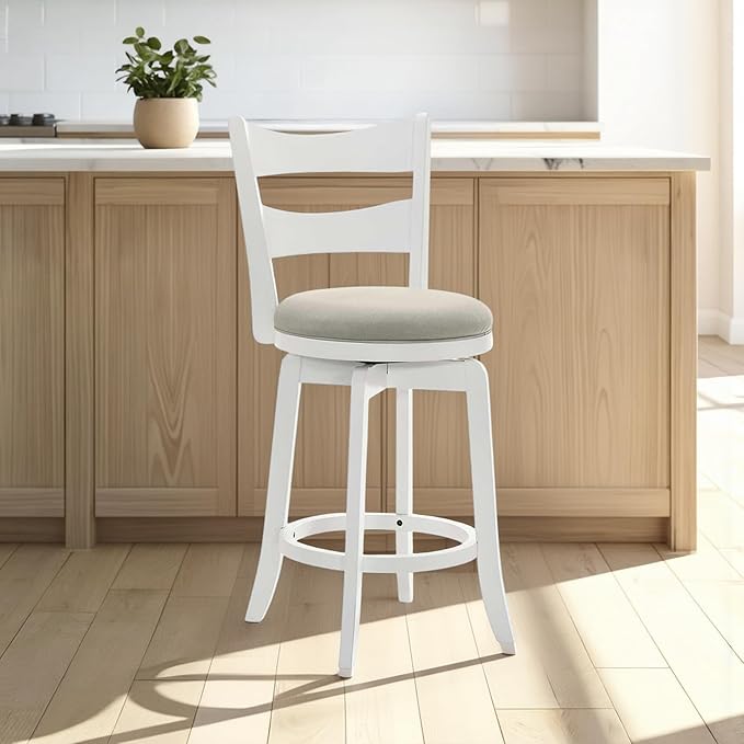 Armen Living Blair 26 in. Matte White Counter Height Rubberwood Swivel Barstool with Fog Fabric Seat
