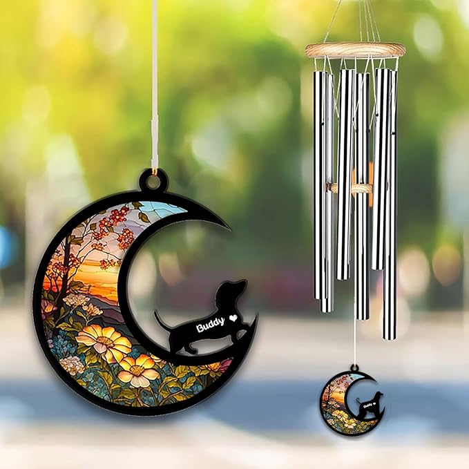 Dachshund Sun Catcher Wind Chime, Custom Sunflower Suncatcher Dog Memorial Wind Chime, Dog Loss Gift, Dog Sympathy Gift, Pet Loss Suncatcher, Outdoor Garden Decor