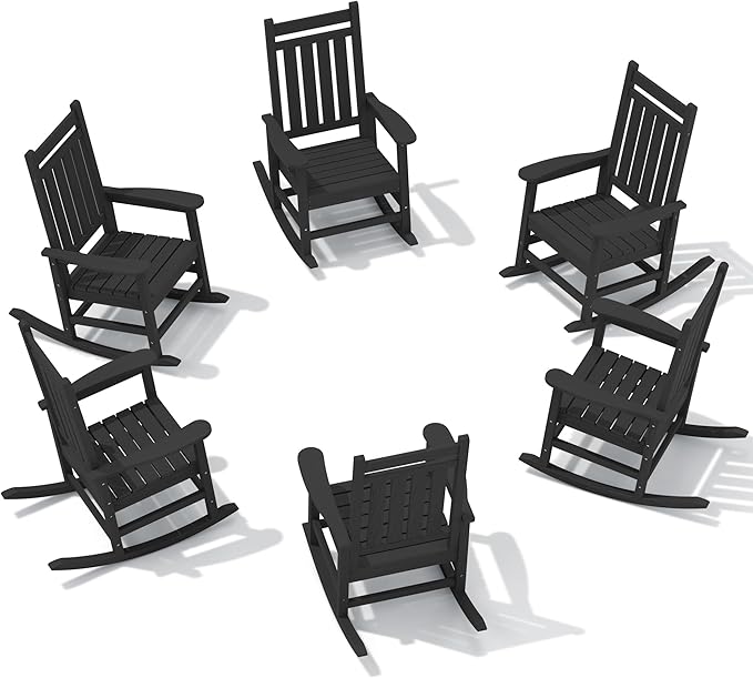 SERWALL HDPE Outdoor Rocking Chair Set of 6, Patio Rocking Chairs for Adults, All Weather Outdoor Rockers for Lawn, Black