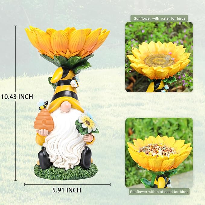 MUMTOP Garden Gnome Statue with Sunflower Birdbath Birdfeeder Outdoor Decor, Resin Summer Bee Gnome Holding Honey Jar with Solar LED Light Waterproof Garden Sculpture for Yard Lawn Decorations
