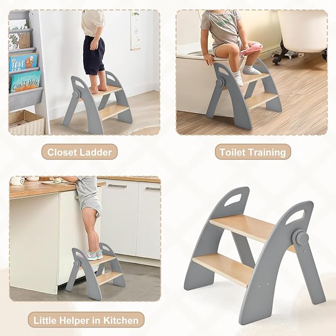 Wooden 2 Step Stool for Kids Bathroom Sink Foldable Anti-Slip 2-Step for Toilet Potty Training, Child Stepping Stool for Kitchen Nursery Bedroom, Sturdy Non Slip Adult Stool for Closet Grey