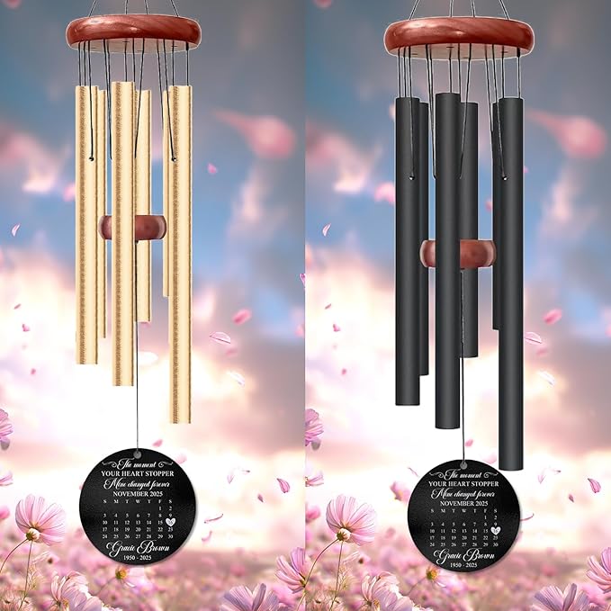 Personalized Memorial Wind Chime – “The Moment Your Heart Stopped, Mine Changed Forever” Custom Calendar Design – Engraved Name, Date – Sympathy Gift for Loss of Loved One – Memorial Windchimes