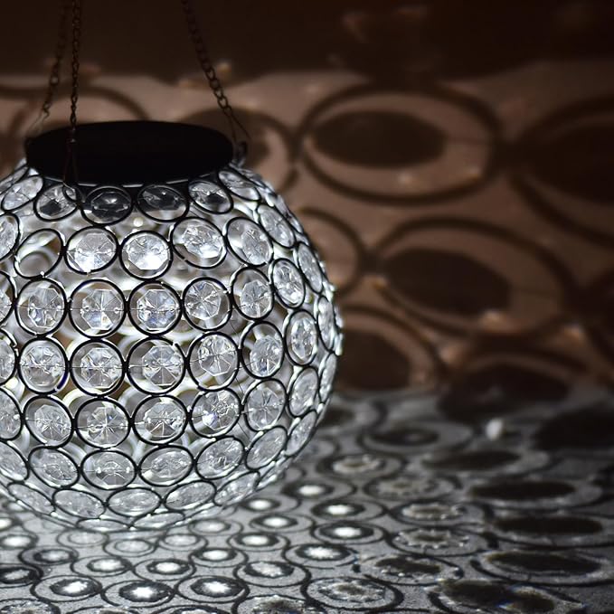 Solar Hanging Lantern Outdoor Lights, Dual LEDs Color Changing and Cool White Hanging Light Waterproof Crystal Globe Lamp Decoration in Garden, Pathway, Front Door - Clear