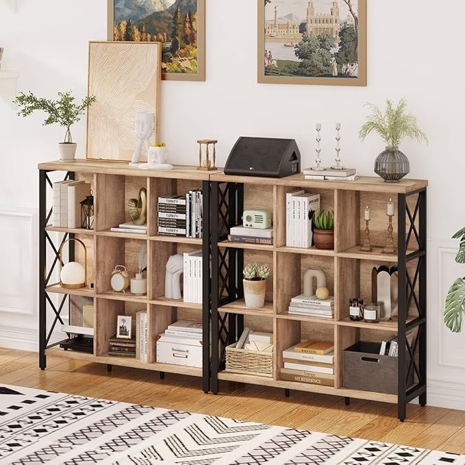 FATORRI 9 Cube Storage Bookshelf, 4 Shelf Book Shelf, Farmhouse Wood and Metal Cubby Bookcase for Home Office Kitchen (39.37 Inch W, Rustic Oak)