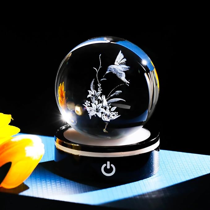 YWHL 3D Hummingbird Figurine Crystal Ball with Light Base, Hummingbird Gifts for Women Men on Christmas Birthday, 3D Laser Engraved Hummingbird Ornament Glass Decorative Ball for Home Office (80mm)