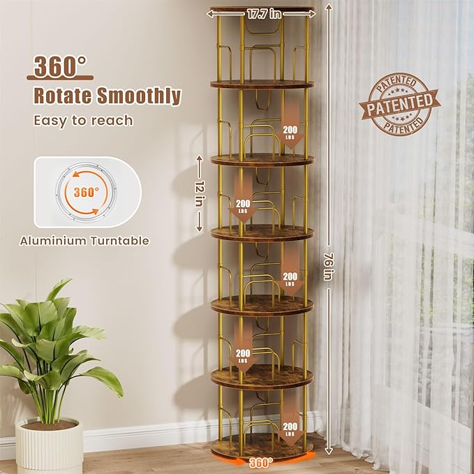 6 Tier Rotating Bookshelf, 360 ° Display Stackable Spinning Bookshelf Tower, Corner Bookshelf Tall Floor Standing Swivel Bookcase Narrow Storage Organizer for Bedroom, Living Room, Gold