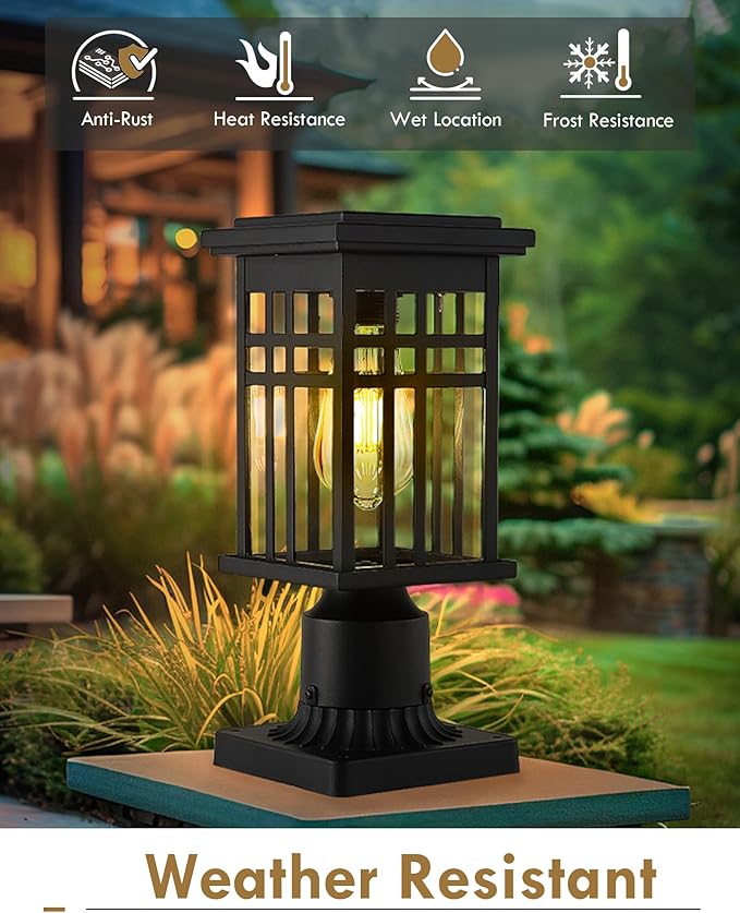 Solar Lamp Post Light, HWH 12 Inch Black Exterior Post Light for Yard Garden with Remote Control, Die-Cast Aluminum with Clear Glass Shade, 5HD36P SL BK