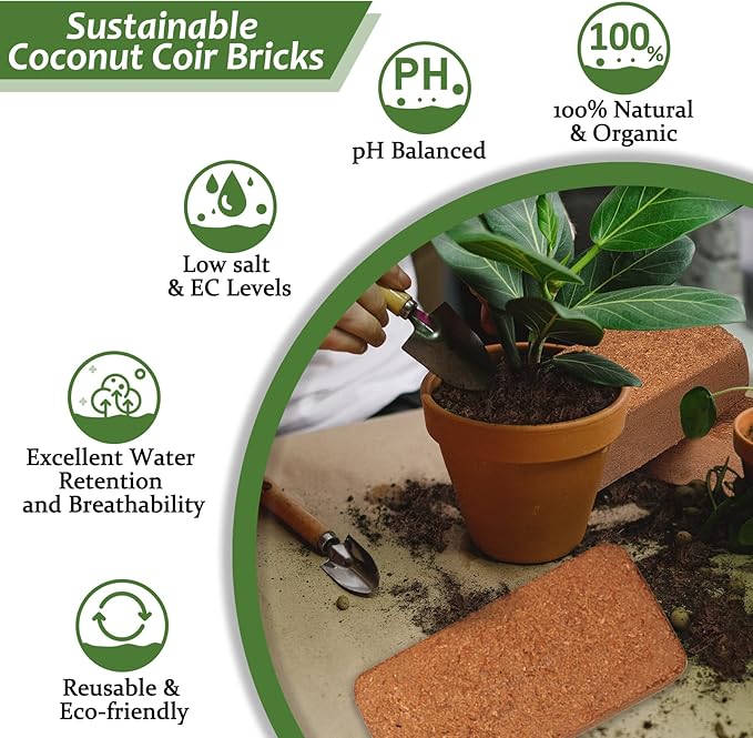 Riare 4pcs Organic Coco Coir Bricks Soil Blocks- 100% Natural Compressed Coco Peat Brick Coconut Fiber Substrate with Low EC& pH Balance, High Expansion Coco Coir Pith Coconut Husk for Garden
