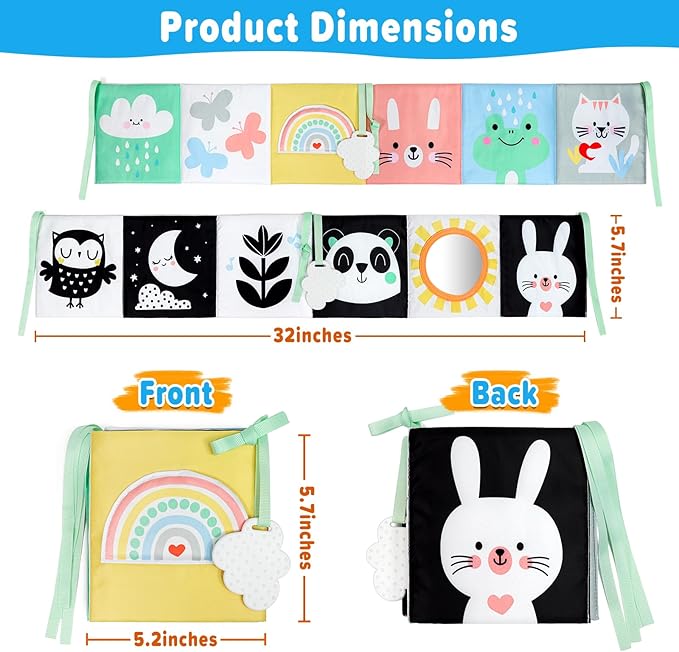 OKOOKO Black and White Baby Book, High Contrast Toy, 0-6 Months Baby Soft Book Tummy Time Montessori Sensory Toy for Stroller Early Education for 0-6 6-12 Months Newborn Infant