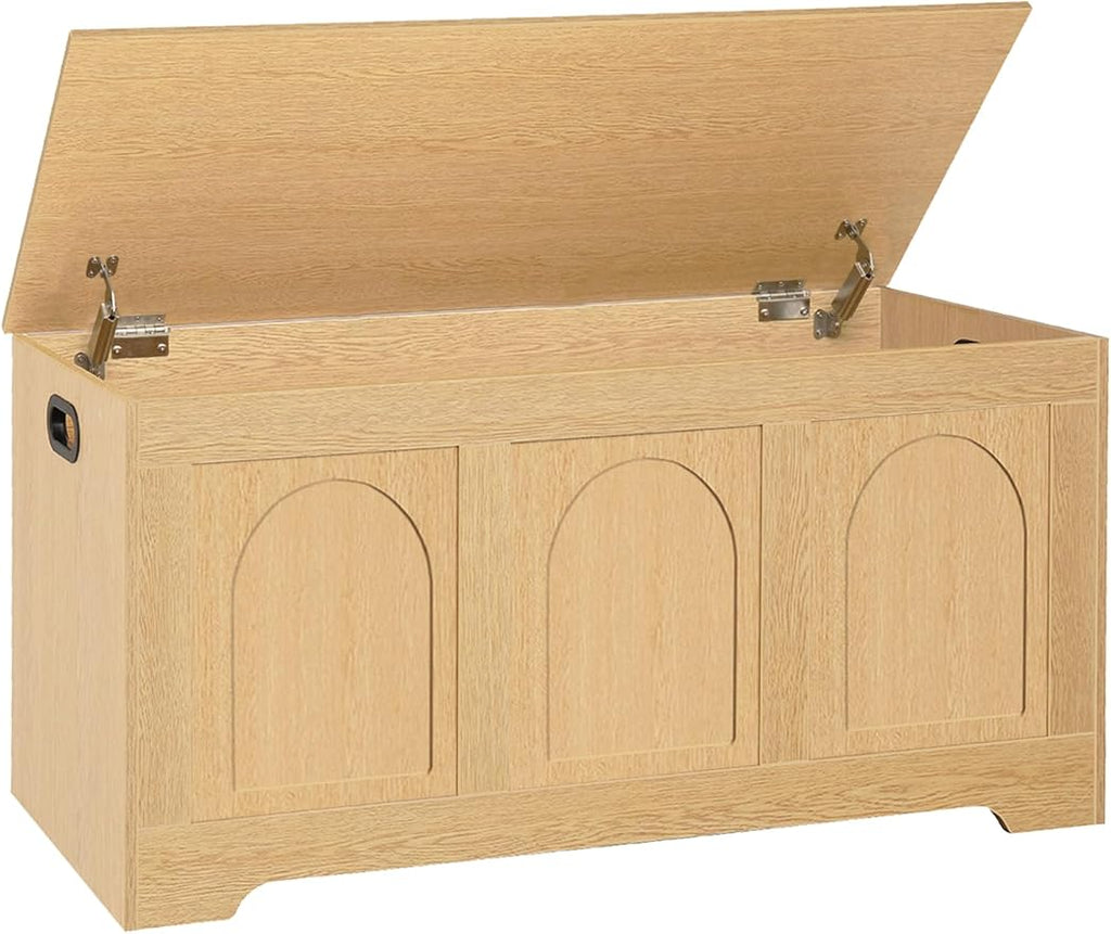 DINZI LVJ Storage Chest, 39.4”Wooden Storage Box with 2 Safety Hinges, Entryway Shoe Bench with Flip-Top, Trunk for Living Room, Bedroom, Easy Assembly, Natural