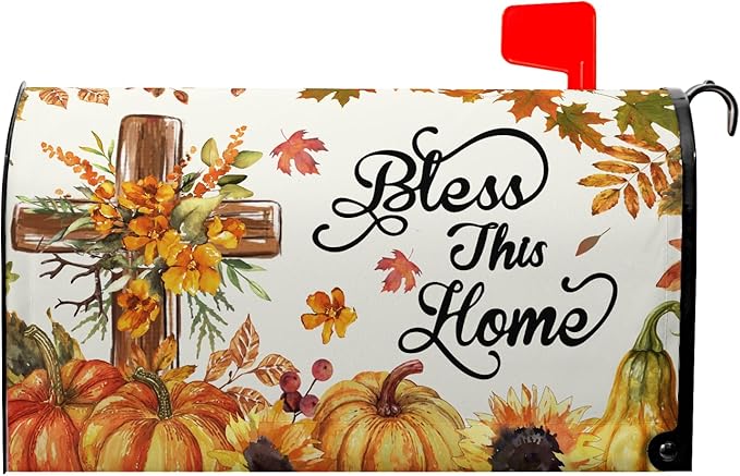 Bless This Home Large Mailbox Covers Magnetic Oversized Thanksgiving Pumpkin Mailbox Cover 25.5x21 inch Fall Mail Box Wrap for Outside Garden