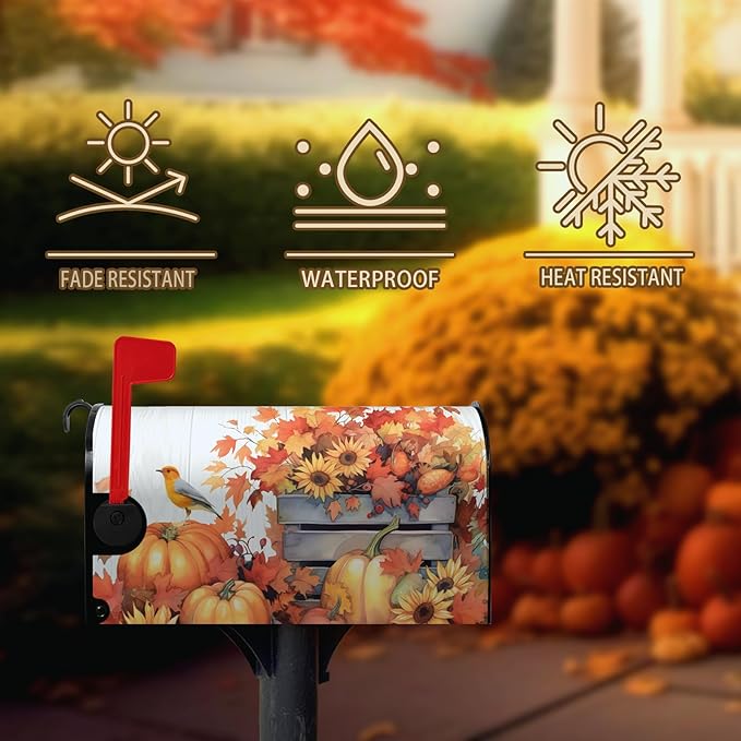 Fall Mailbox Covers Magnetic Large Size Autumn Bird Mailbox Cover Maple Leaf Thanksgiving Pumpkin Mail Box Post Cover Waterproof Sunflower Thankful Decor for Garden Yard 25.5 X 21 Inch