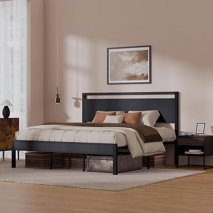 Z-hom Upgraded King Size Bed Frame, Heavy Duty Metal Sturdy King Bed Frame with Modern Wood Headboard & Footboard, Stable Platform Bed Furniture Bed Storage, No Noise, No Box Springs, Black