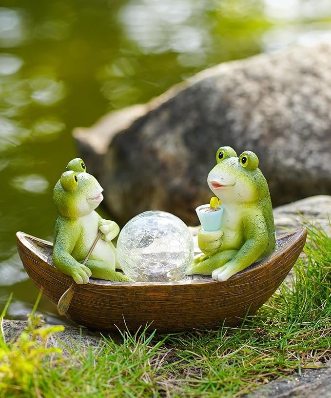 Solar Frogs Boating Statue Garden Decor: Outdoor Sculpture Lights Decorations Art Ornament Yard Lawn Backyard - Ideal Gifts for Women Mom Grandma